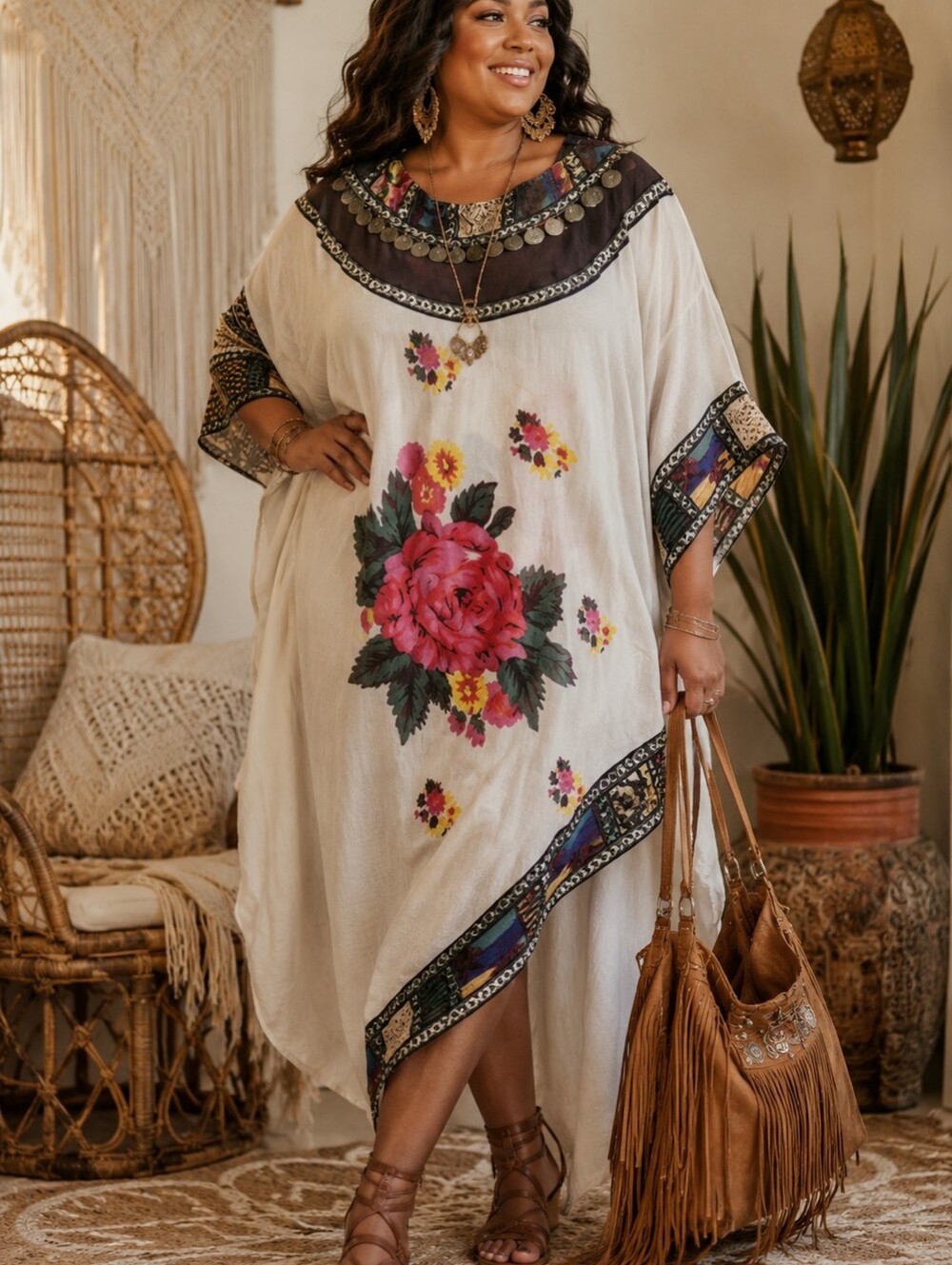 Bohemian Floral Women's Tunic with Coin Accents